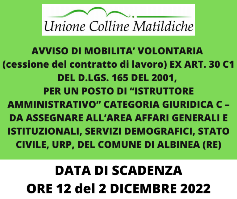 Avviso di mobilità volontaria (cessione del contratto di lavoro) ex art. 30 C1 del D.lgs. 165 Avviso di mobilità volontaria (cessione del contratto di lavoro) ex art. 30 C1 del D.lgs. 165