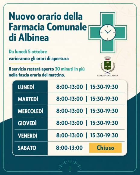 Leggi: «Nuovo orario per la farmacia comunale…»